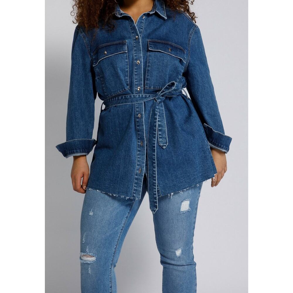 Studio Untold Denim Shirt Dress Belted Tunic Button Front Oversized